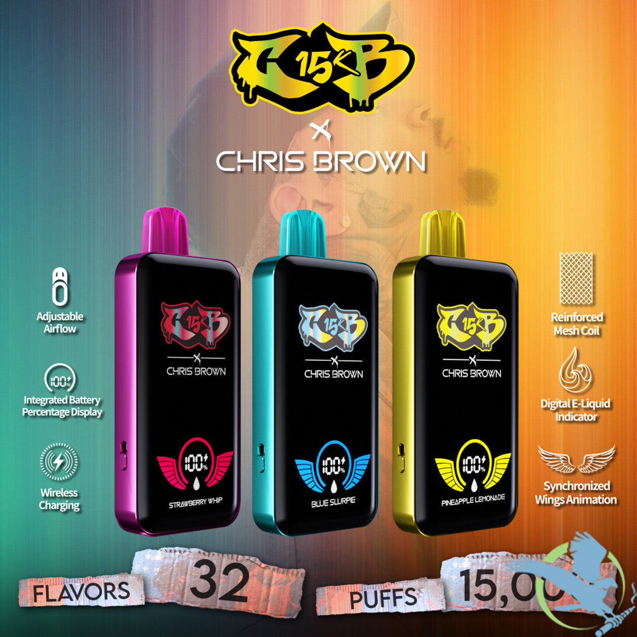 Chris Brown CB15K Puffs 15ML Disposable Device With Synchronized Wings Animation & Wireless Charging - Display of 5 - TEXAS COMPLIANT (MSRP $25.00 Each)